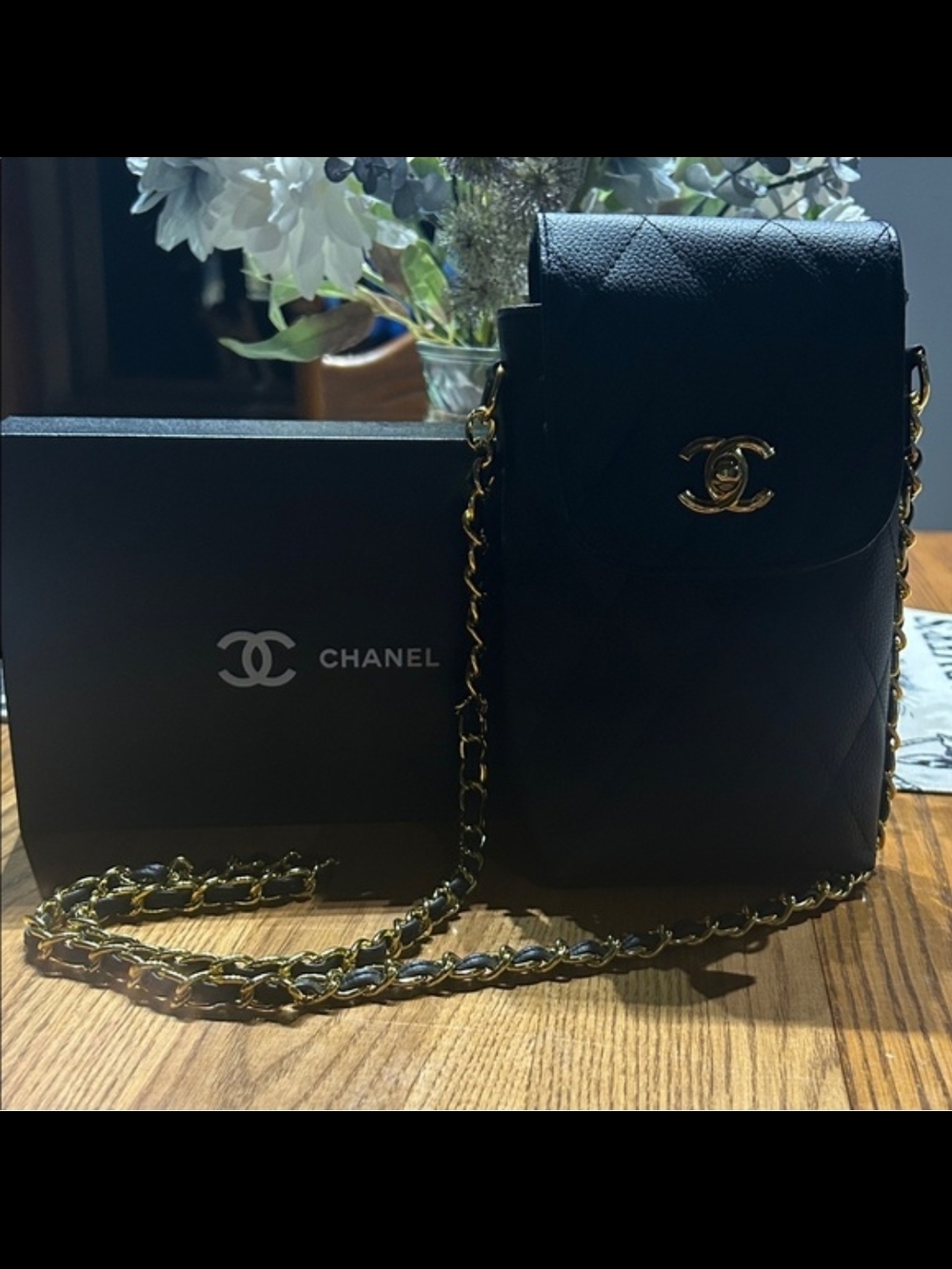 CHANEL Black Quilted Leather Crossbody Phone Bag with Gold Chain GWP